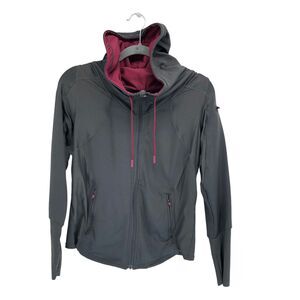 Hylete Jacket Womens Medium Gray Red Full Zip Hooded Thumb Holes Workout Gym